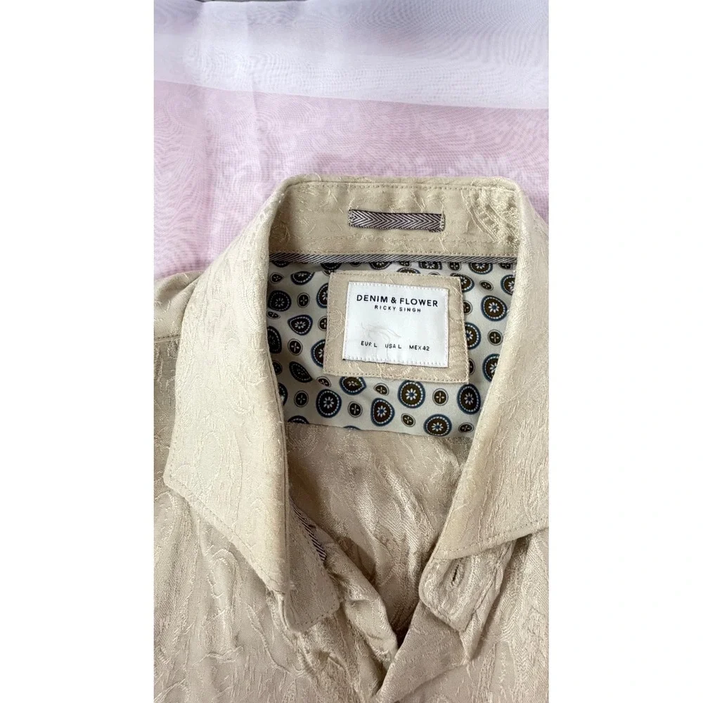 Denim & Flower Ricky Singh Mens Large Champagne Beige Paisley Jacquard Shirt L
